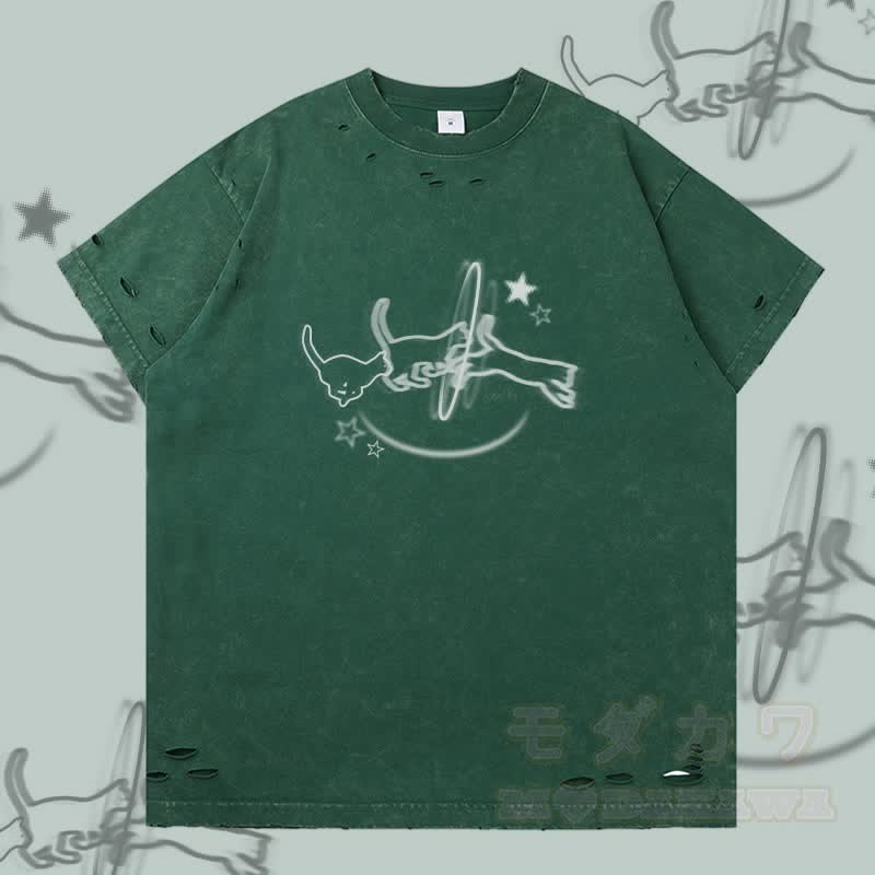 Modakawa T-Shirt mit Katzenmotiv und Rissen - Grün - 2XL - image 4
