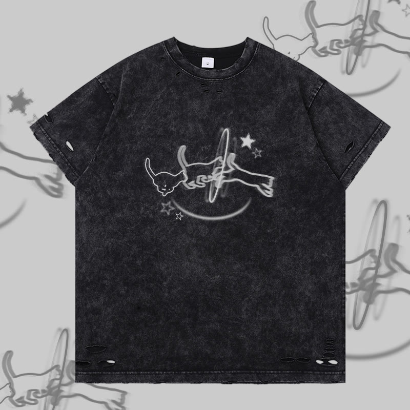 Modakawa T-Shirt mit Katzenmotiv und Rissen - Black - 2XL - image 2