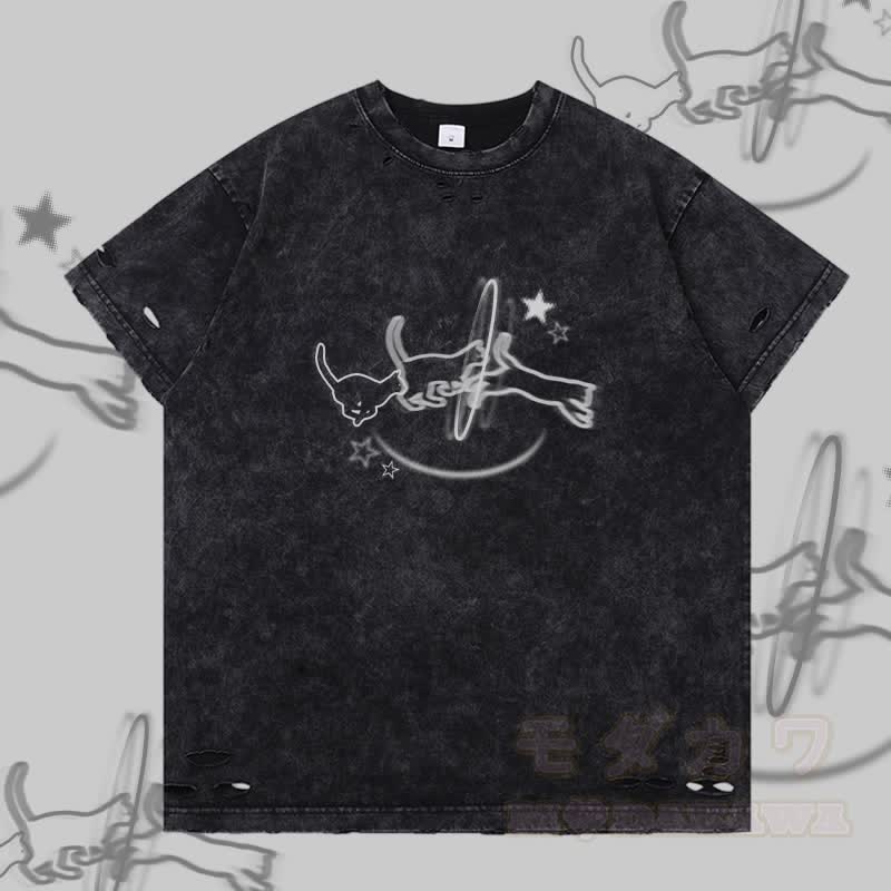 Modakawa T-Shirt mit Katzenmotiv und Rissen - Schwarz - 2XL - image 2