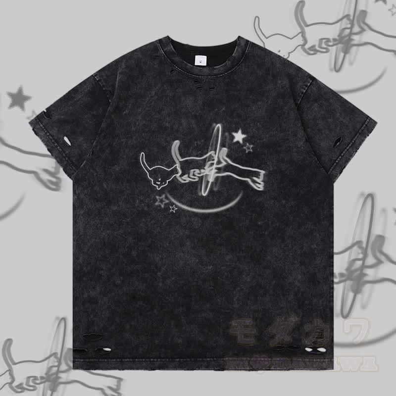 Modakawa T-Shirt mit Katzenmotiv und Rissen - Schwarz - 2XL - image 2