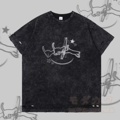 Modakawa T-Shirt mit Katzenmotiv und Rissen - Schwarz - 2XL - image 2