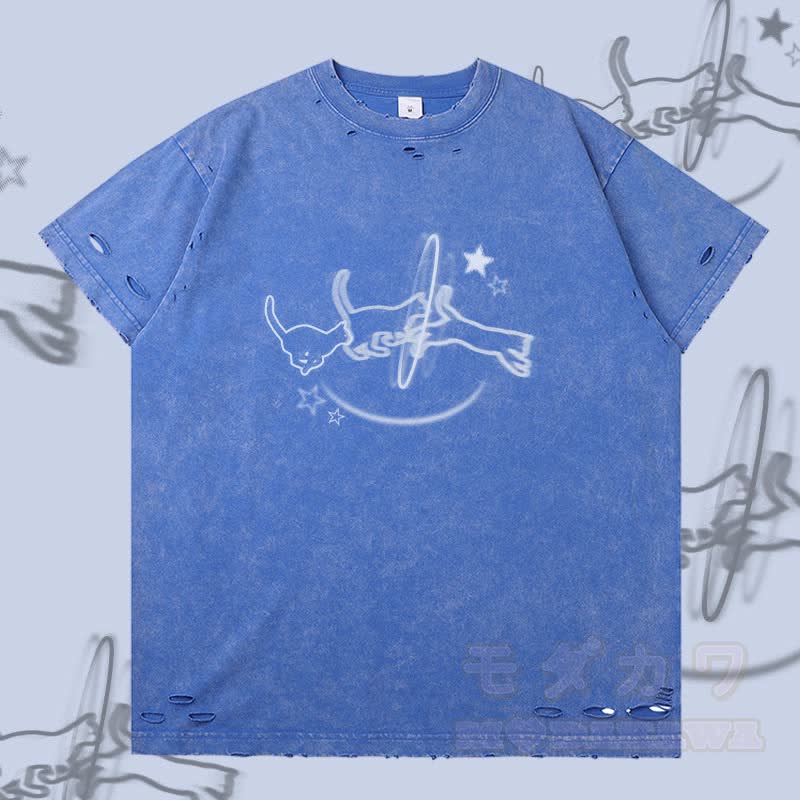 Modakawa T-Shirt mit Katzenmotiv und Rissen - Blau - 2XL - image 3