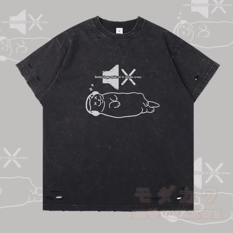 Modakawa T-Shirt mit Schlafkatzen-Grafik und Rissen - Schwarz - 2XL - image 2