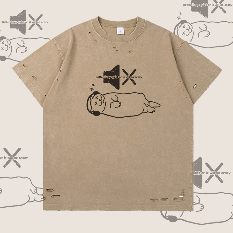 Modakawa T-Shirt mit Schlafkatzen-Grafik und Rissen - Khaki - 2XL - image 1