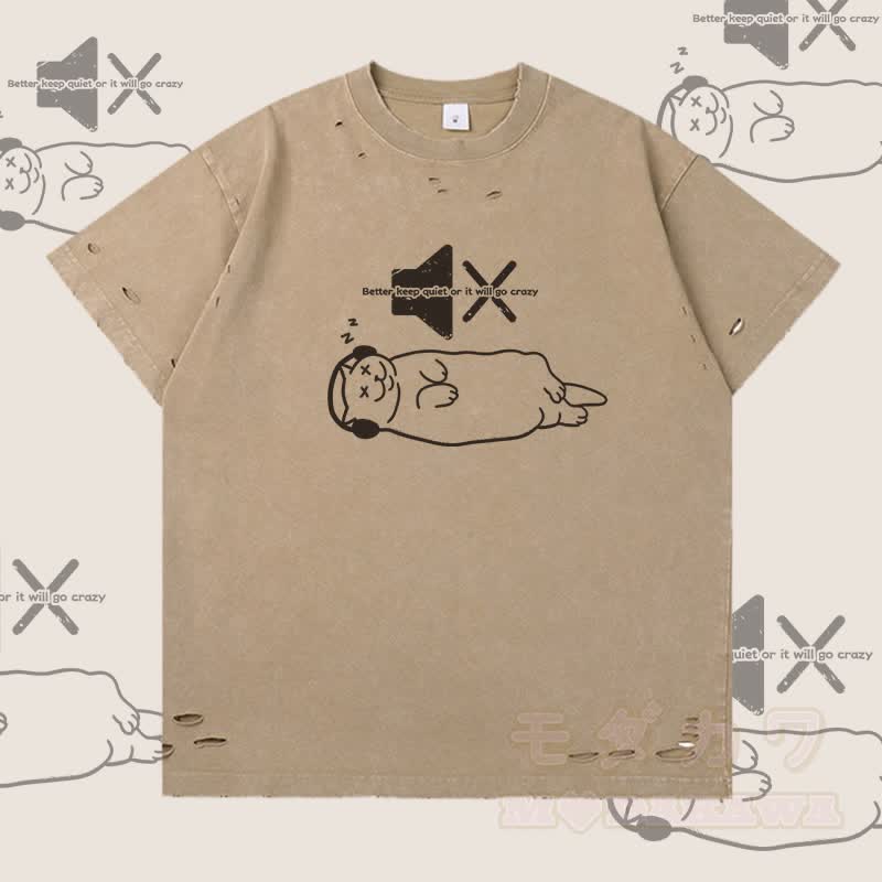 Modakawa T-Shirt mit Schlafkatzen-Grafik und Rissen - Khaki - 2XL - image 1