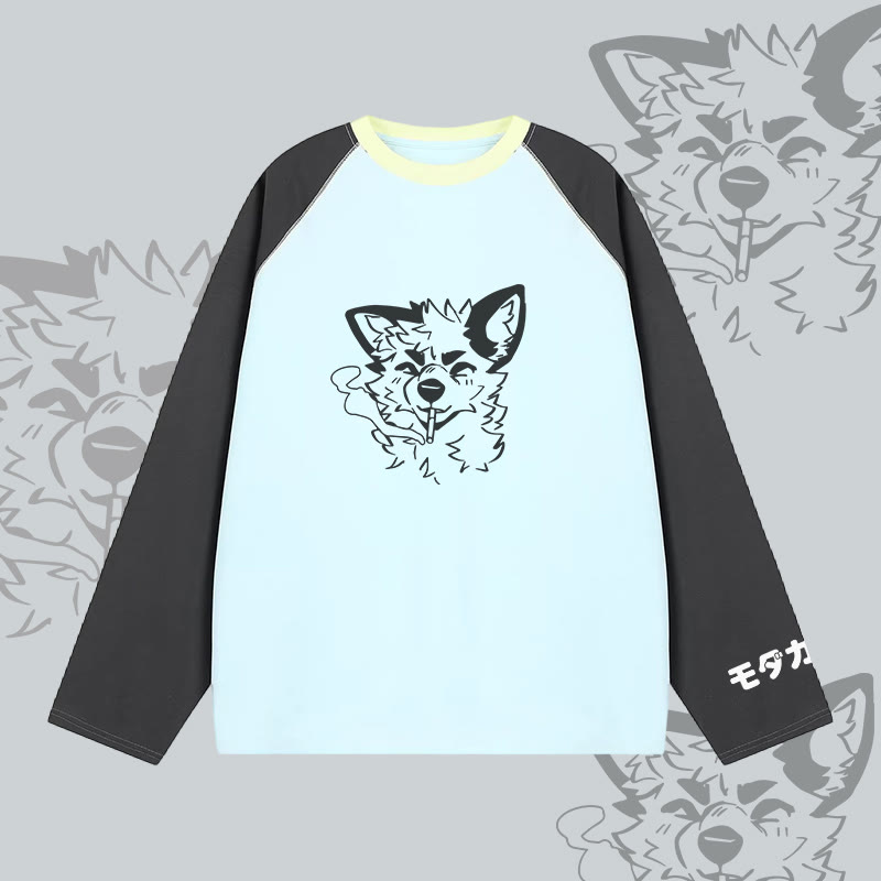 MODAKAWA X atka Smoking Fox Graphic Farben Block Raglan Langarm-T-Shirt - Blue - 2XL - image 2