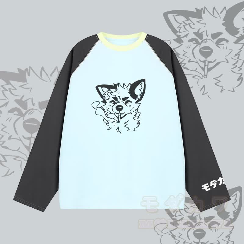 MODAKAWA X atka Smoking Fox Graphic Farben Block Raglan Sleeve Long Sleeve T-Shirt - Blau - 2XL - image 2