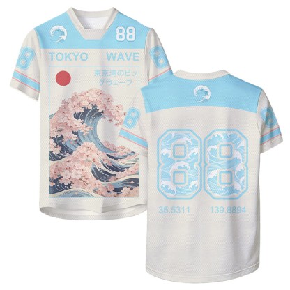 HOKKAIDO WAVE Ukiyo-e Style Grafik Modakawa Unisex Jersey T-Shirt - Blue - 6XL - image 1