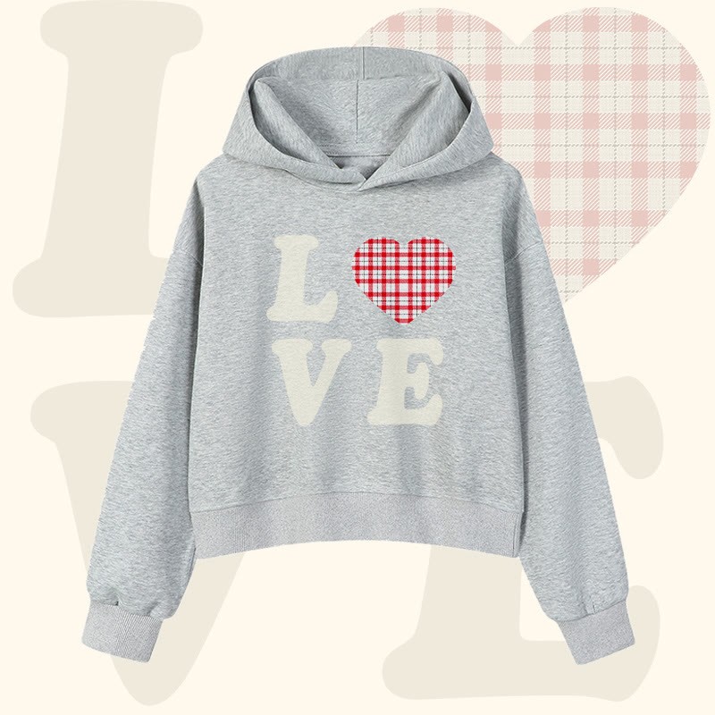 Modakawa Cropped Cotton Hoodie mit trendigem Grid-Herz-Motiv - Grey - 3XL - image 1