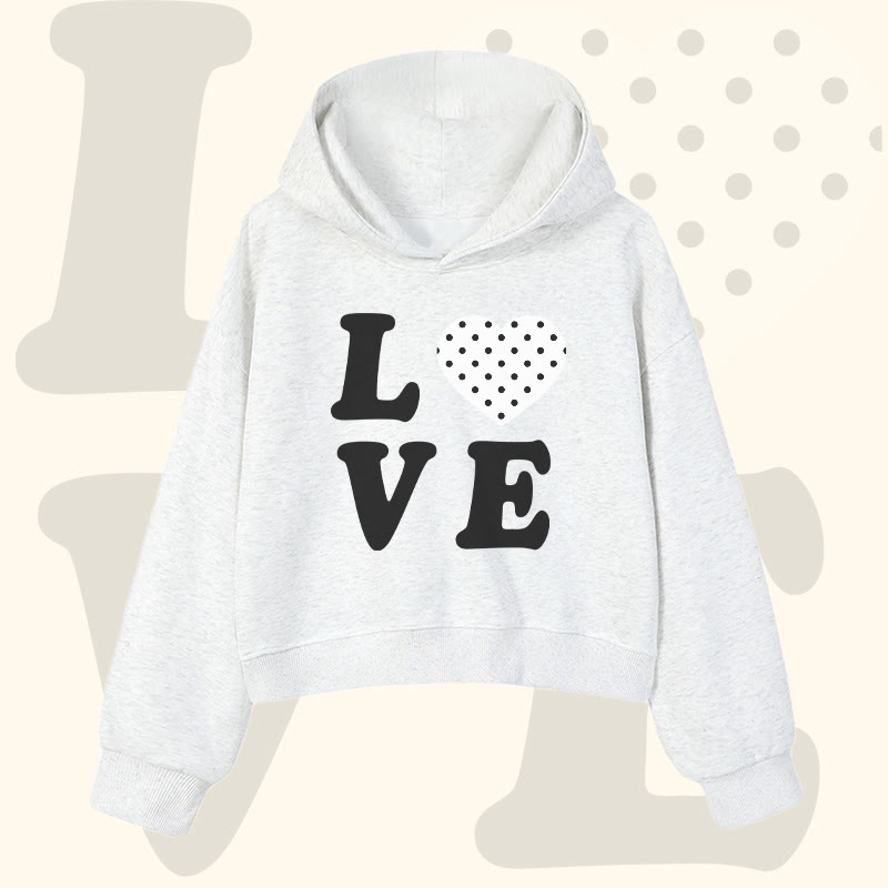 Modakawa Cropped Cotton Hoodie mit Polka-Dot-Herz-LOVE-Grafik - Light Grey - 3XL - image 2