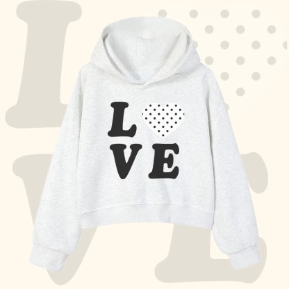 Modakawa Cropped Cotton Hoodie mit Polka-Dot-Herz-LOVE-Grafik - Light Grey - 3XL - image 2