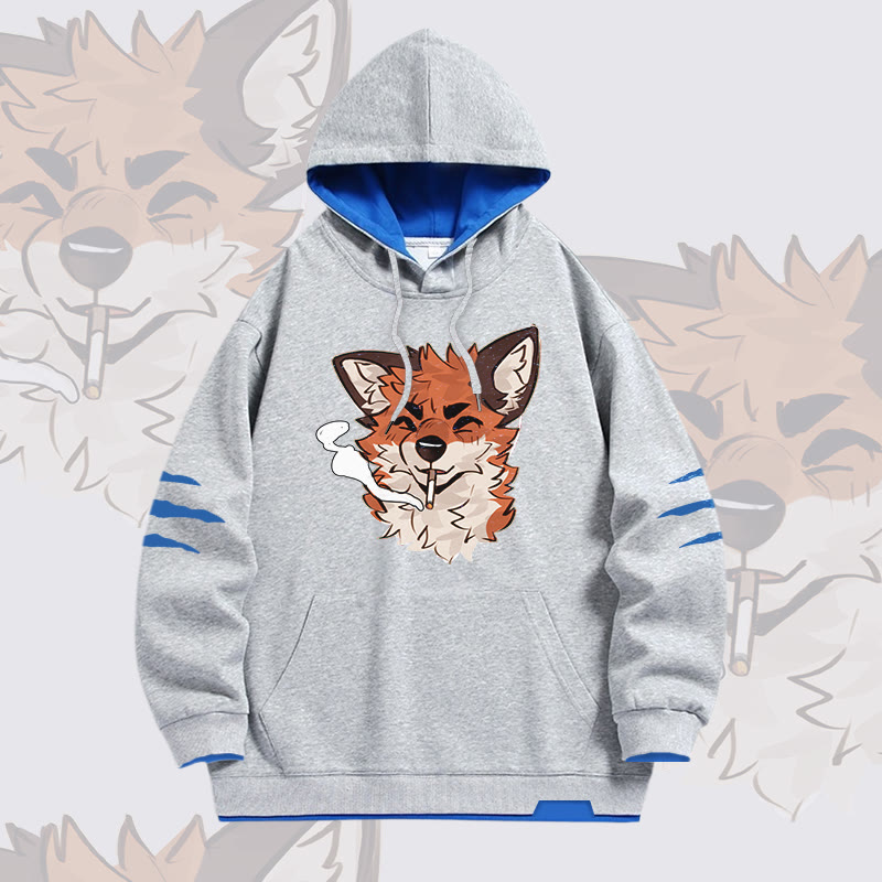 MODAKAWA X atka Fox Smoking Graphic Oversized Contrast Lining Pullover Hoodie - Grey - 4XL - image 3