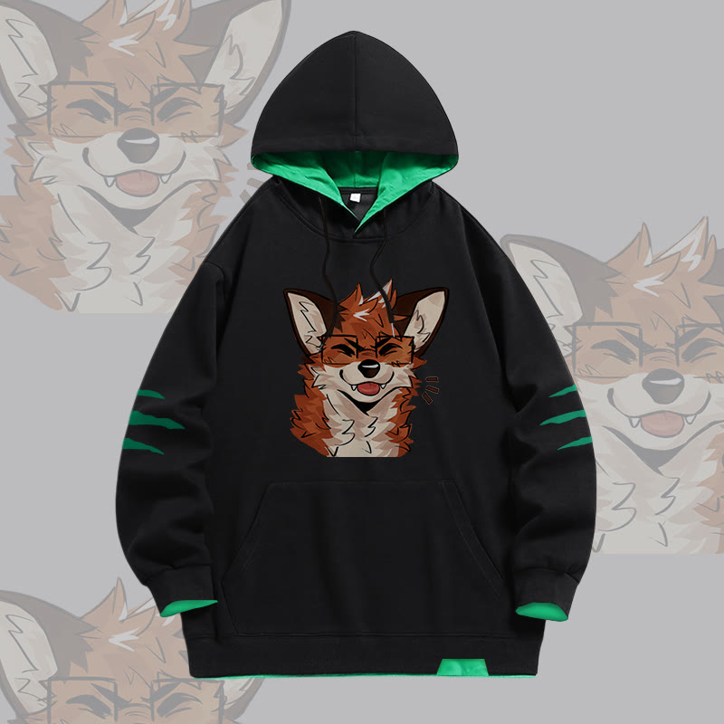 MODAKAWA X atka Fuchs mit Brille Grafik Oversized Pullover Hoodie mit Kontrastfutter - Black - 4XL - image 2