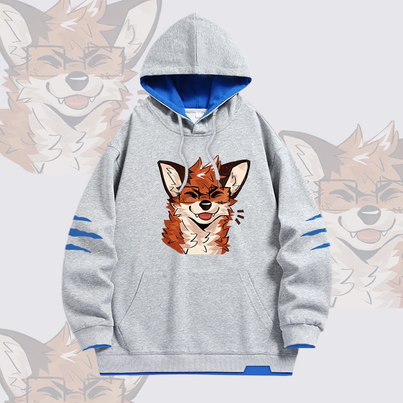 MODAKAWA X atka Fuchs mit Brille Grafik Oversized Pullover Hoodie mit Kontrastfutter - Grey - 4XL - image 3