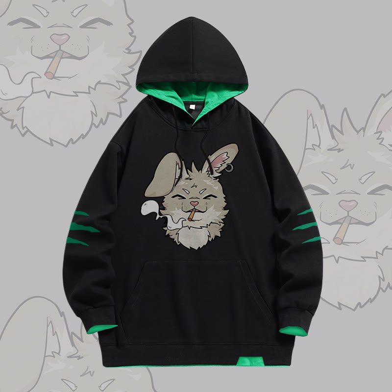 NABI Smoking Bunny Graphic Modakawa Oversized Contrast Lined Pullover Hoodie - Black - 4XL - image 2