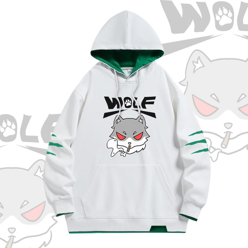 Modakawa Oversized Pullover Hoodie mit Smoky-Wolf-Grafik und Kontrastfutter - White - 4XL - image 2