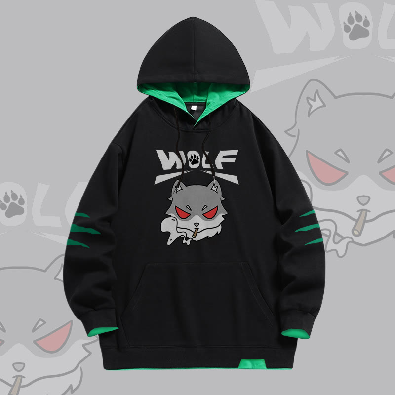 Modakawa Oversized Pullover Hoodie mit Smoky-Wolf-Grafik und Kontrastfutter - Black - 4XL - image 1