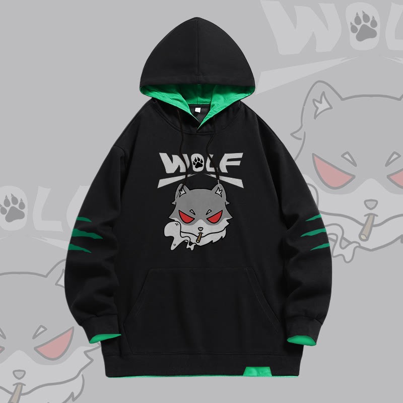 Modakawa Oversized Pullover Hoodie mit Smoky-Wolf-Grafik und Kontrastfutter - Black - 4XL - image 1