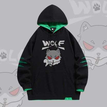 Modakawa Oversized Pullover Hoodie mit Smoky-Wolf-Grafik und Kontrastfutter - Black - 4XL - image 1