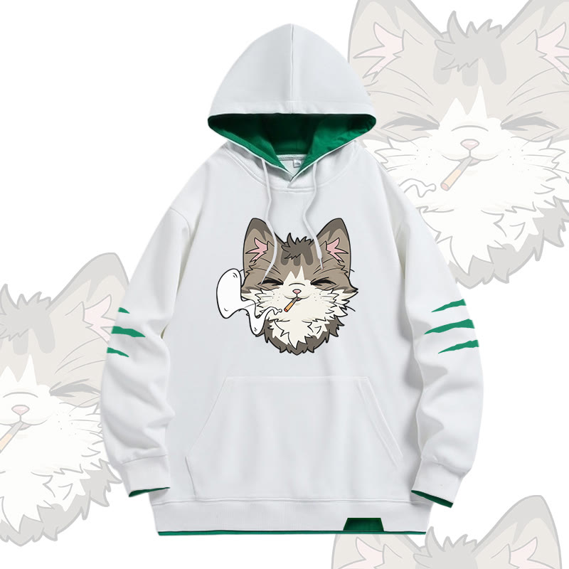 Modakawa Oversized Pullover Hoodie mit rauchender Katze und Kontrastfutter - White - 4XL - image 2