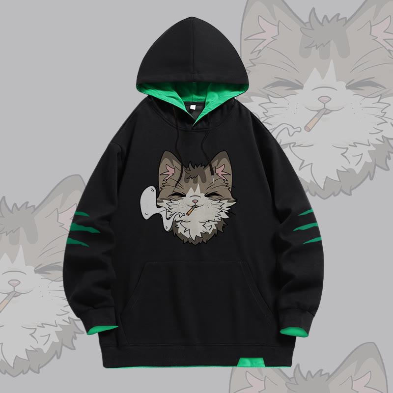 Modakawa Oversized Pullover Hoodie mit rauchender Katze und Kontrastfutter - Black - 4XL - image 3