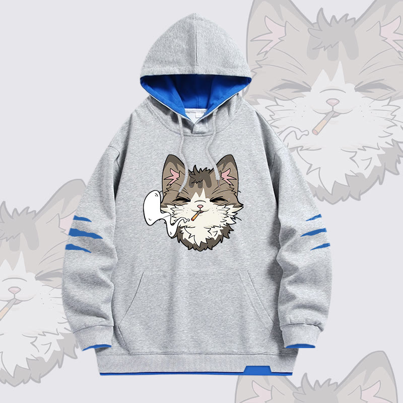 Modakawa Oversized Pullover Hoodie mit rauchender Katze und Kontrastfutter - Grey - 4XL - image 1
