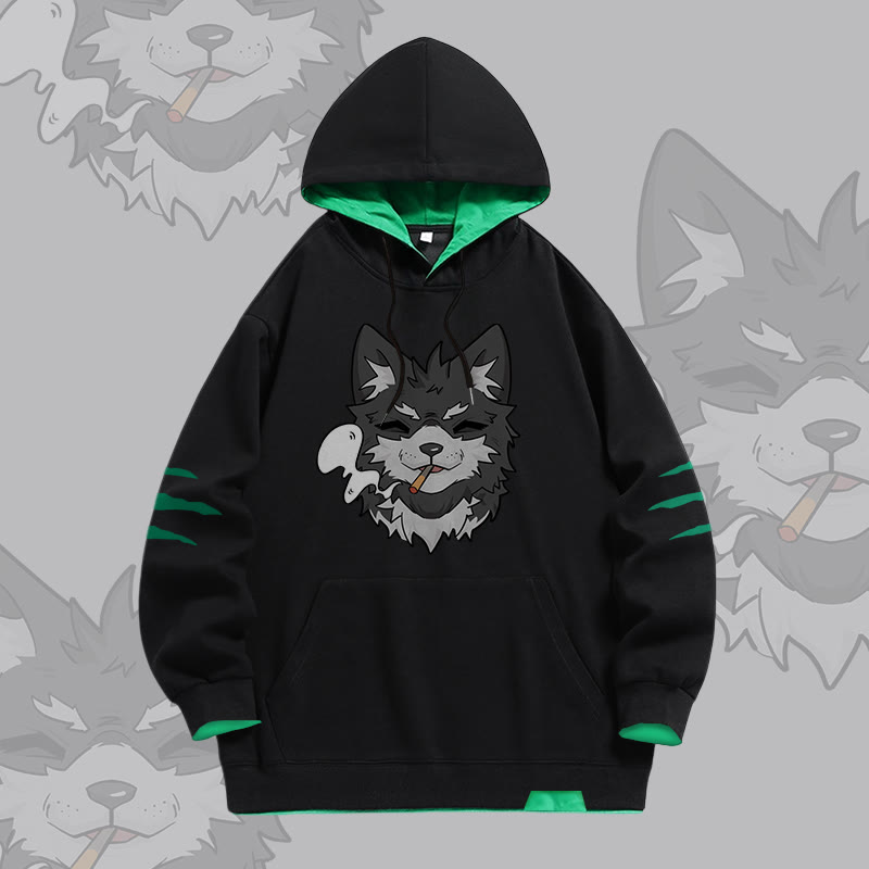 KODA Smoking Puppy Grafik Modakawa Oversized Pullover Hoodie mit Kontrastfutter - Black - 4XL - image 1