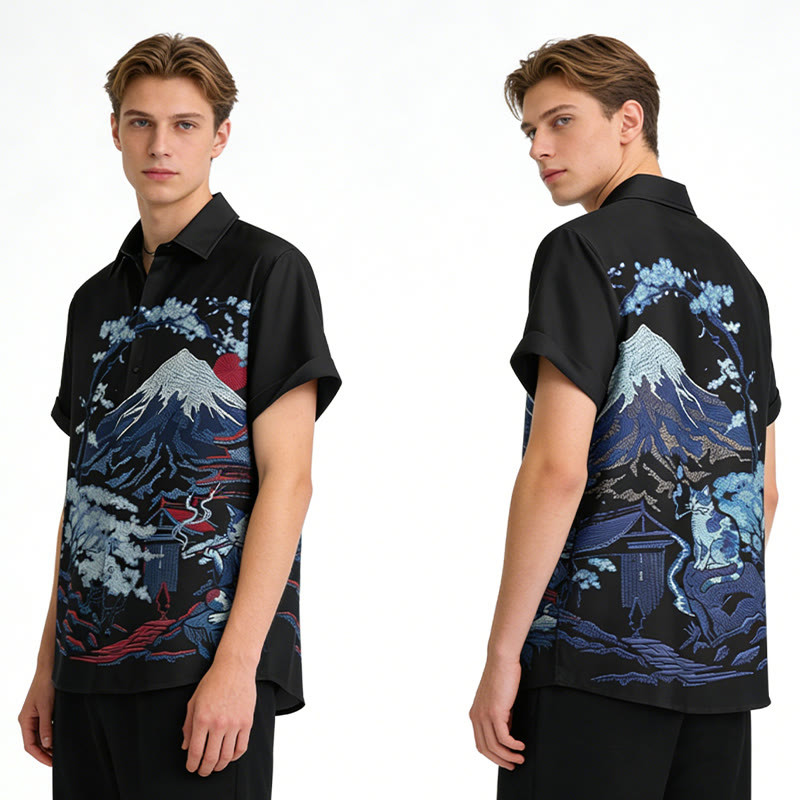 Modakawa Kimono-Hemd mit rauchender Katze und schneebedeckten Bergen - image 1