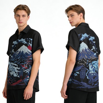 Modakawa Kimono-Hemd mit rauchender Katze und schneebedeckten Bergen - image 1