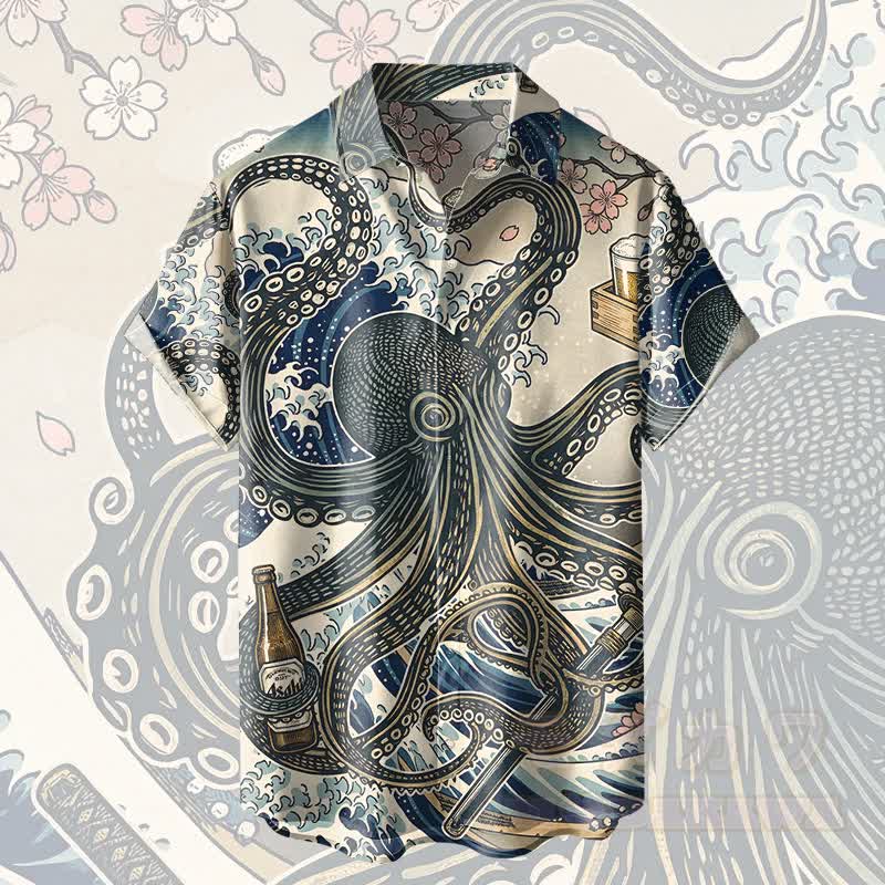 Modakawa Kimono-Hemd mit Oktopus-Grafik - Blau - 5XL - image 4