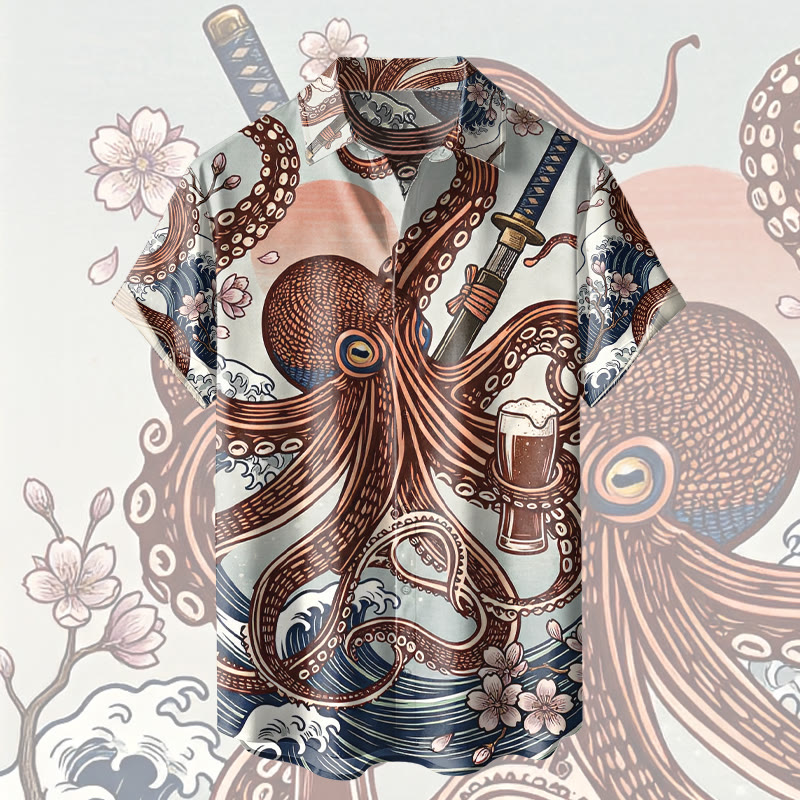 Modakawa Kimono-Hemd mit Oktopus-Grafik - Red - 5XL - image 2