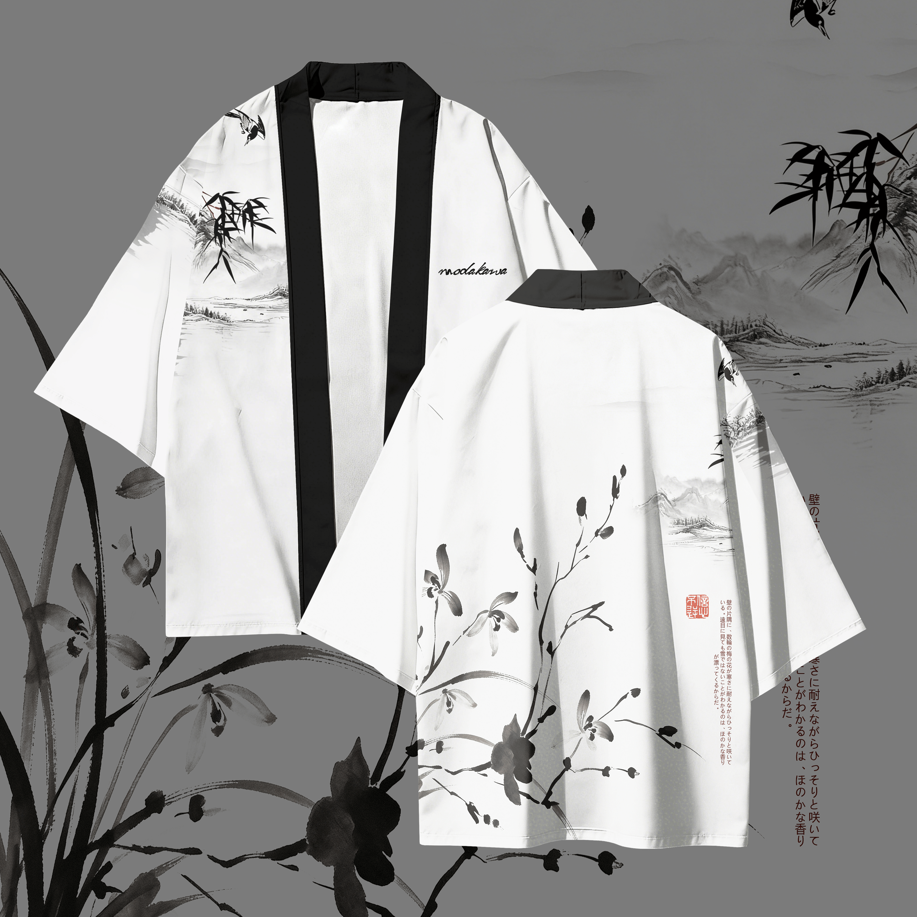 Modakawa-Cardigan mit Tuschemalerei-Grafik, Kimono-Oberbekleidung - Black & White - 3XL - image 1