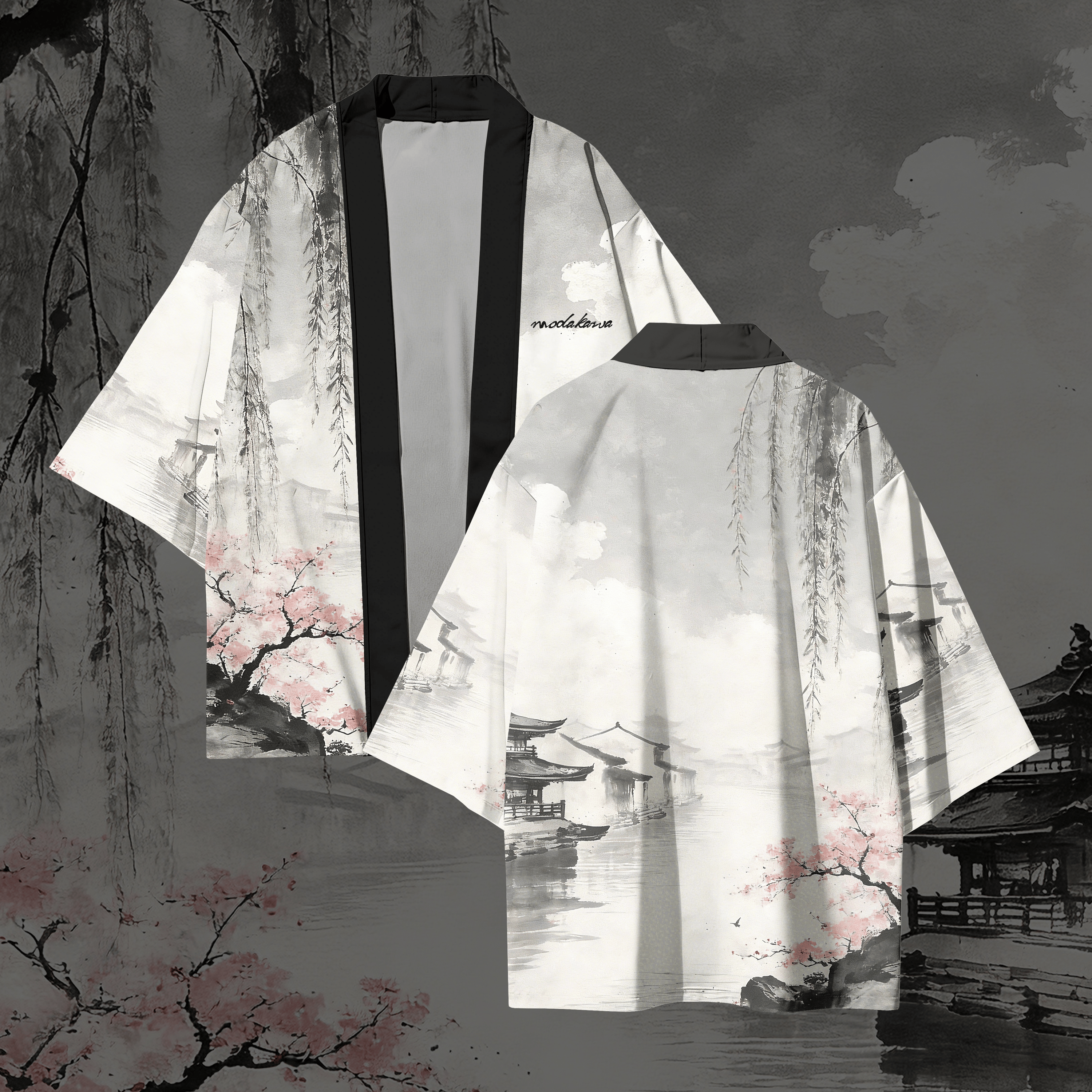 Vintage-Modakawa-Cardigan mit Grafikmuster, Kimono-Oberbekleidung - Black & White - 3XL - image 1