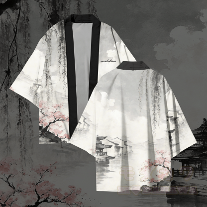 Vintage-Modakawa-Cardigan mit Grafikmuster, Kimono-Oberbekleidung - Schwarzweiß - 3XL - image 1