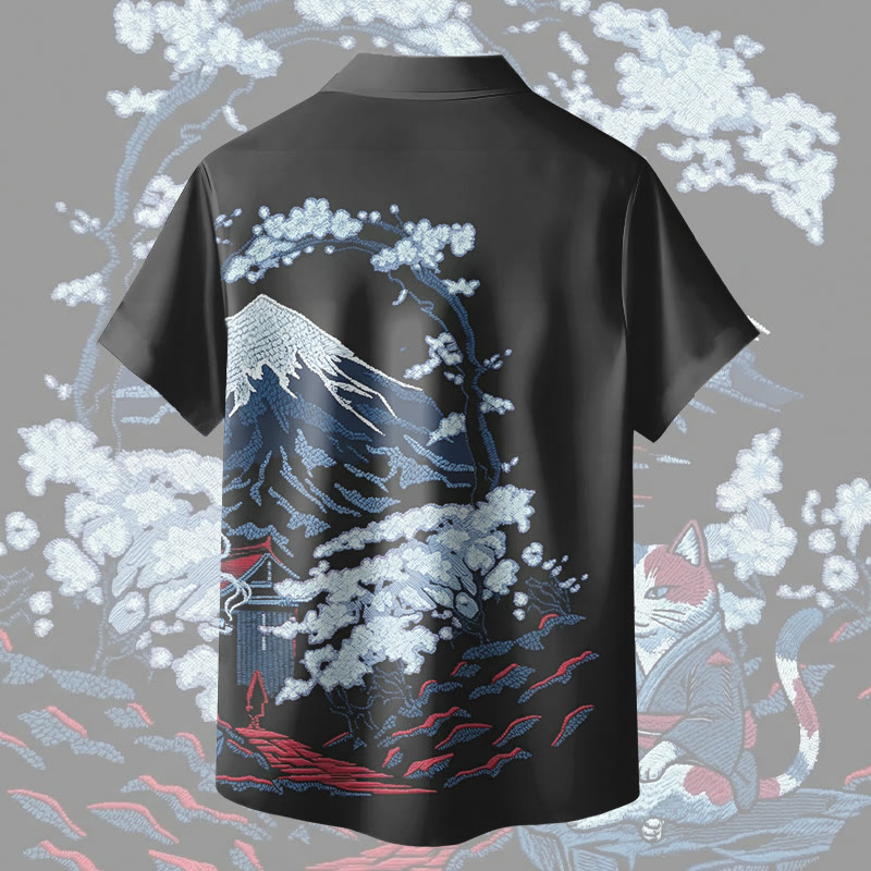 Modakawa Kimono-Hemd mit rauchender Katze und schneebedeckten Bergen - image 3