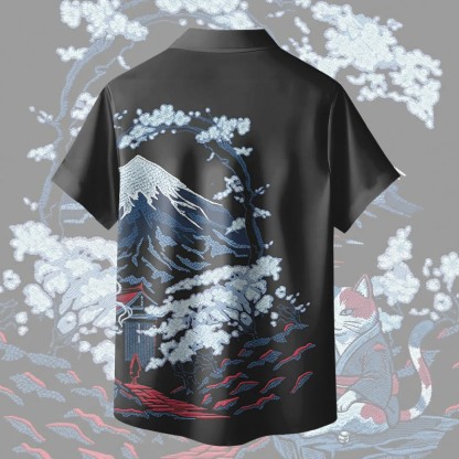 Modakawa Kimono-Hemd mit rauchender Katze und schneebedeckten Bergen - image 3
