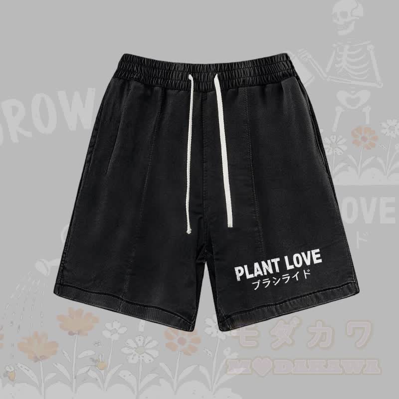 PLANT LOVE Buchstabengrafik Modakawa Vintage Washed Shorts - Schwarz - 3XL - image 2