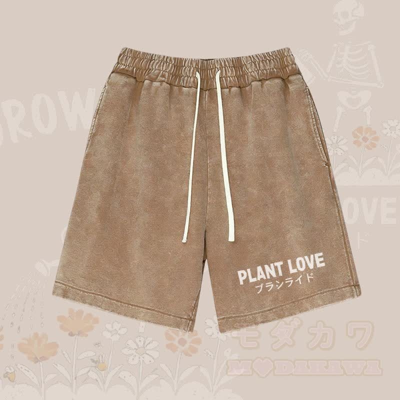 PLANT LOVE Buchstabengrafik Modakawa Vintage Washed Shorts - Braun - 3XL - image 1
