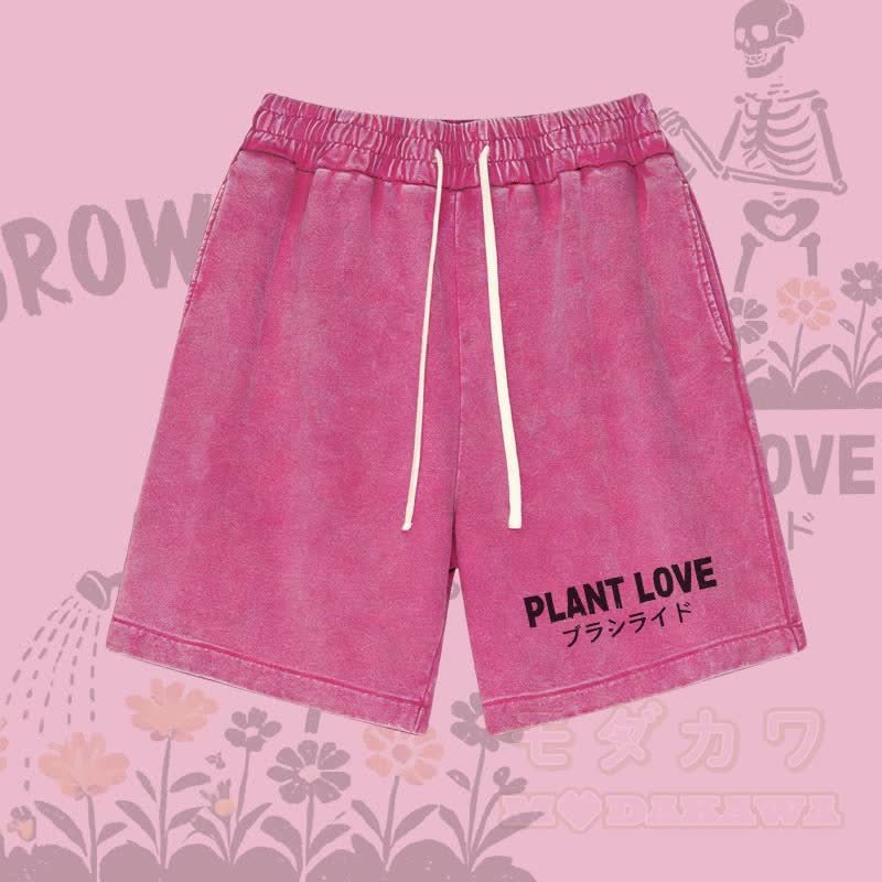 PLANT LOVE Buchstabengrafik Modakawa Vintage Washed Shorts - Rosenrot - 3XL - image 4