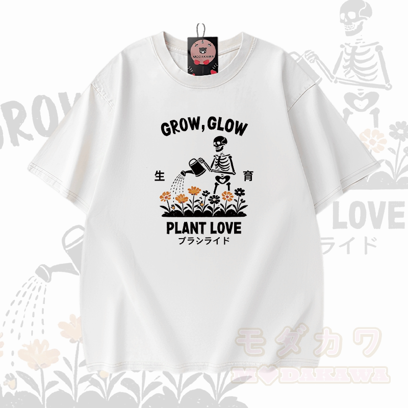 GROW GLOW Skelett-Grafik Modakawa Vintage Washed 100% Baumwoll-T-Shirt - Weiß - 5XL - image 2