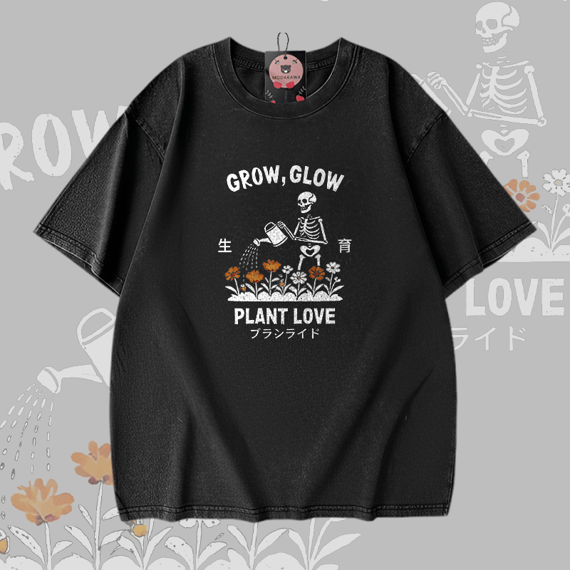GROW GLOW Skelett-Grafik Modakawa Vintage Washed 100% Baumwoll-T-Shirt - Black - 5XL - image 1