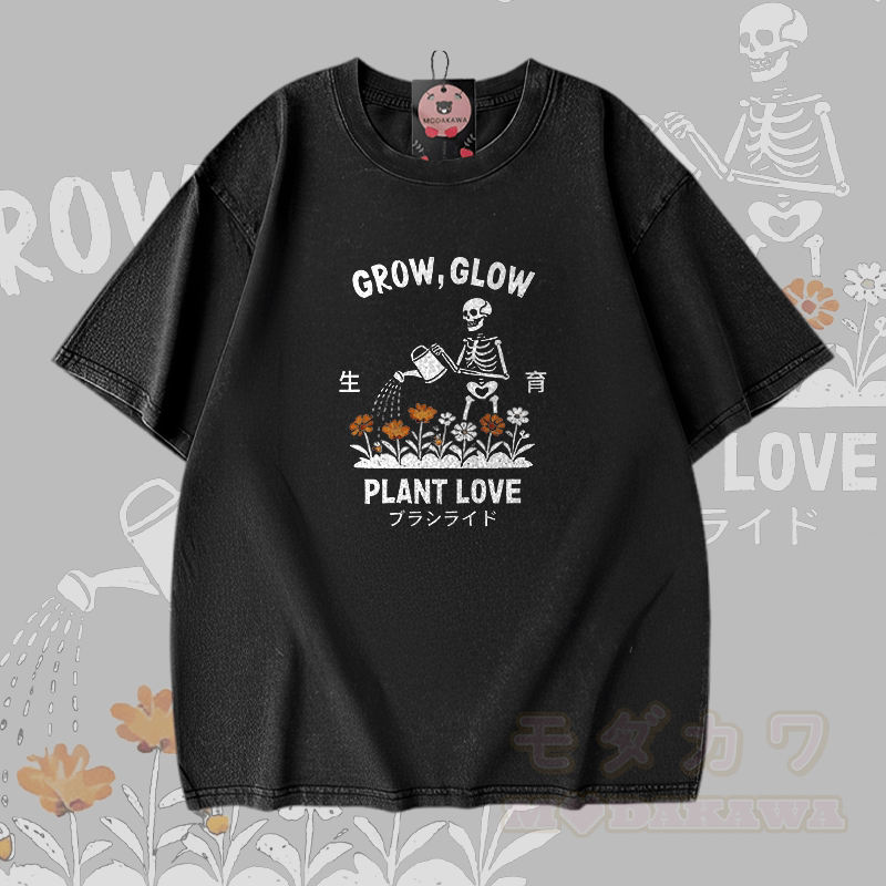 GROW GLOW Skelett-Grafik Modakawa Vintage Washed 100% Baumwoll-T-Shirt - Schwarz - 5XL - image 1