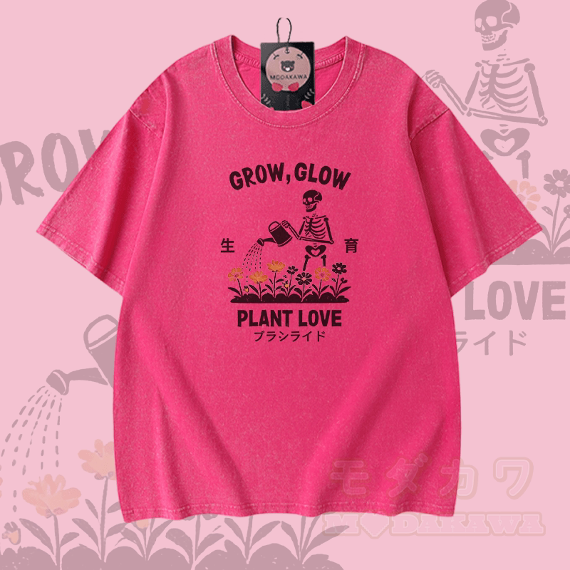 GROW GLOW Skelett-Grafik Modakawa Vintage Washed 100% Baumwoll-T-Shirt - Rosenrot - 5XL - image 4
