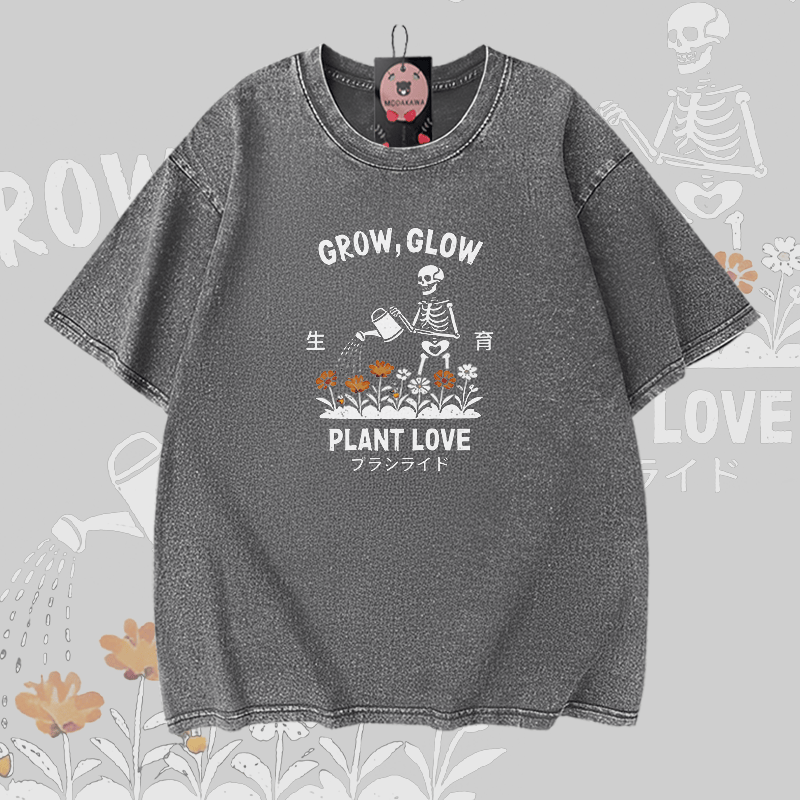 GROW GLOW Skelett-Grafik Modakawa Vintage Washed 100% Baumwoll-T-Shirt - Grey - 5XL - image 3
