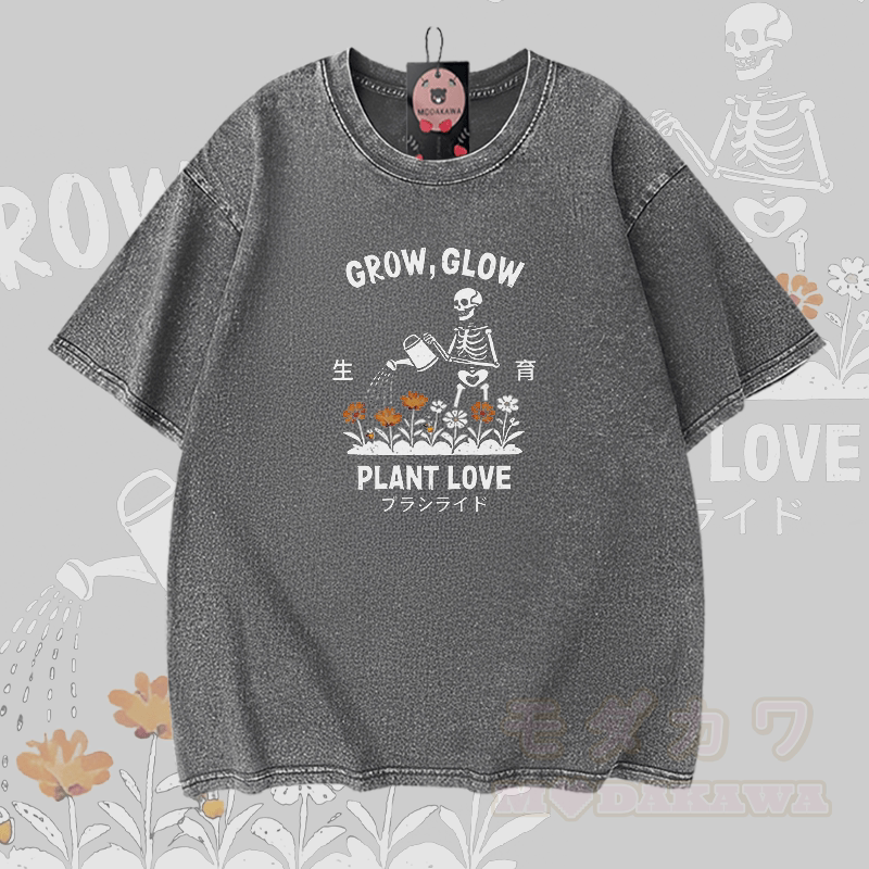 GROW GLOW Skelett-Grafik Modakawa Vintage Washed 100% Baumwoll-T-Shirt - Grau - 5XL - image 3
