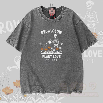 GROW GLOW Skelett-Grafik Modakawa Vintage Washed 100% Baumwoll-T-Shirt - Grau - 5XL - image 3