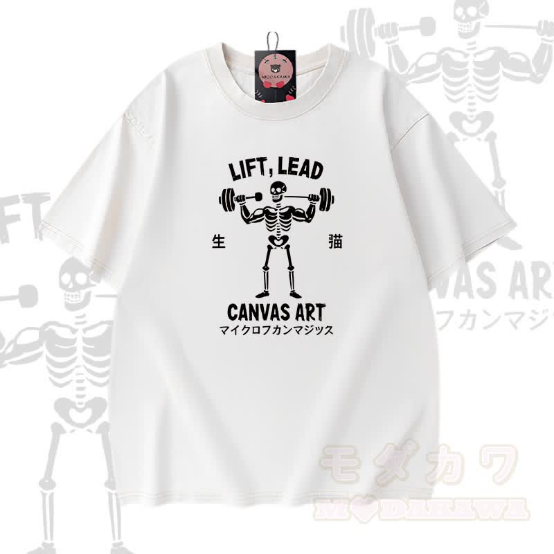 LIFT LEAD CANVAS ART Skelett-Grafik Modakawa Vintage Washed 100% Baumwoll-T-Shirt - Weiß - 5XL - image 3