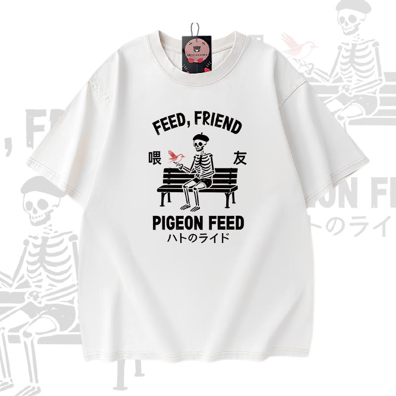 FÜTTERTAUBEN-FÜTTERUNG Skelett-Grafik Modakawa Vintage gewaschenes T-Shirt aus 100 % Baumwolle - White - 5XL - image 2