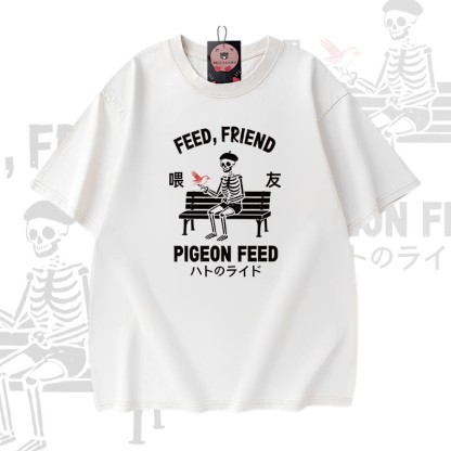 FÜTTERTAUBEN-FÜTTERUNG Skelett-Grafik Modakawa Vintage gewaschenes T-Shirt aus 100 % Baumwolle - White - 5XL - image 2