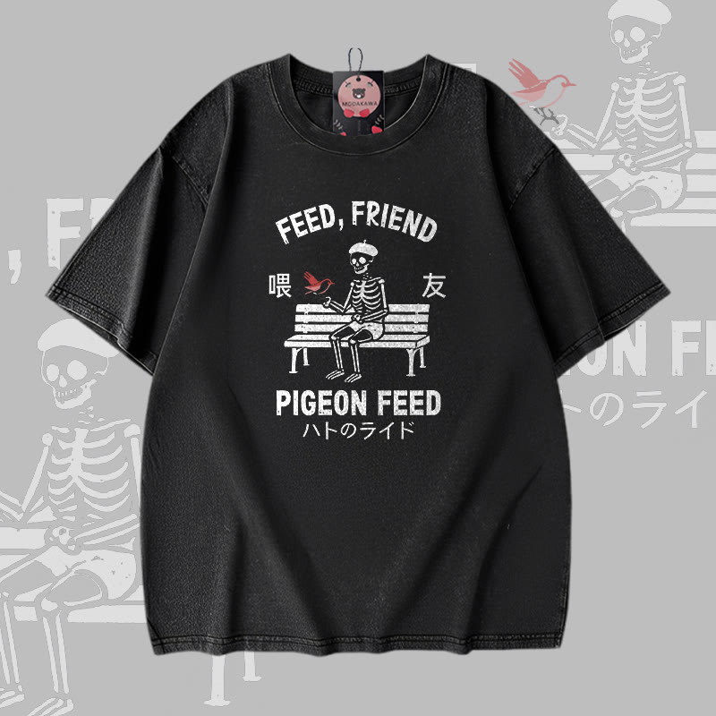 FÜTTERTAUBEN-FÜTTERUNG Skelett-Grafik Modakawa Vintage gewaschenes T-Shirt aus 100 % Baumwolle - Black - 5XL - image 1